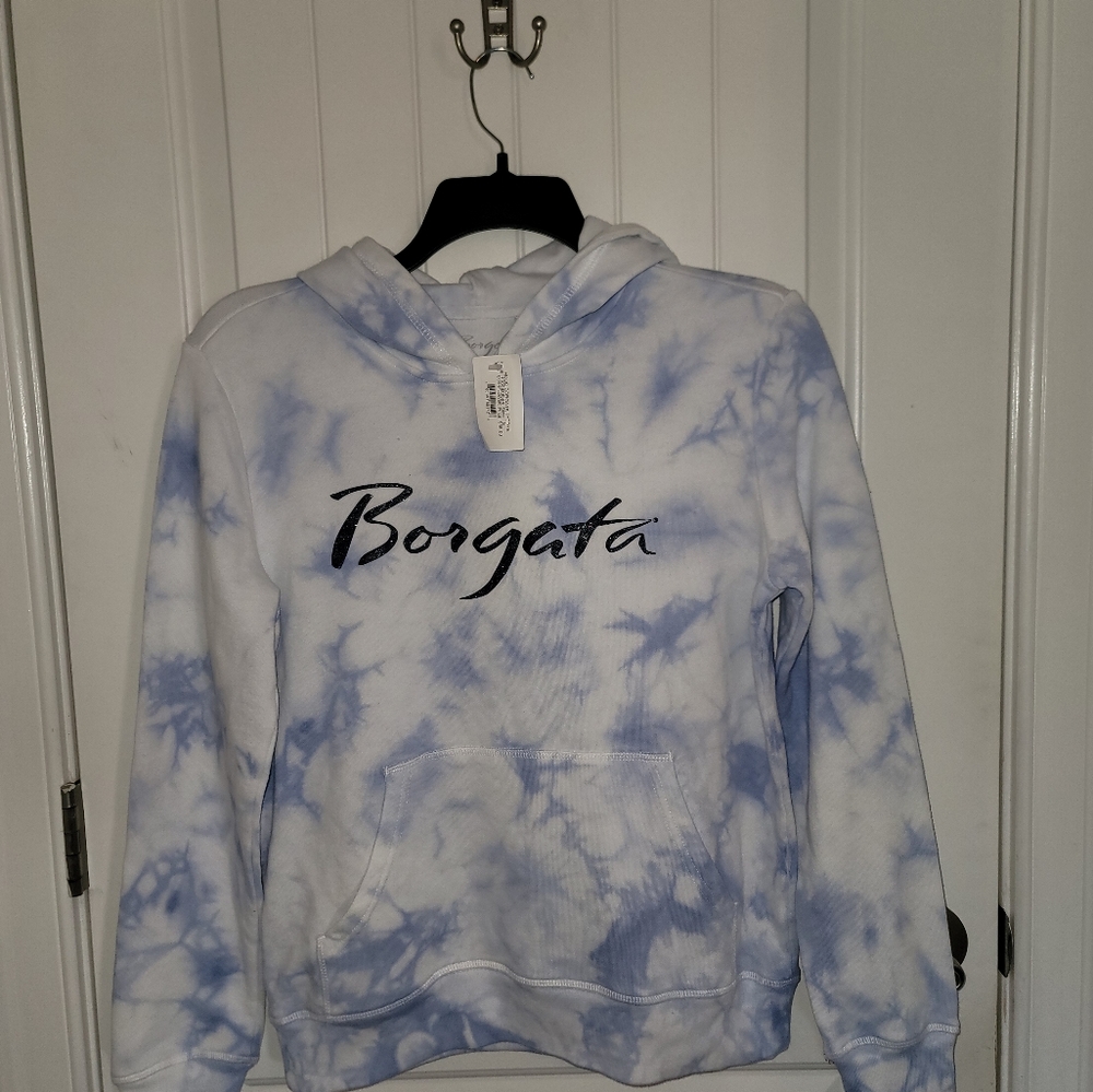 NWT Borgata Glitter Logo Tie Dye Blue White Pullover Hoodie Sweatshirt small